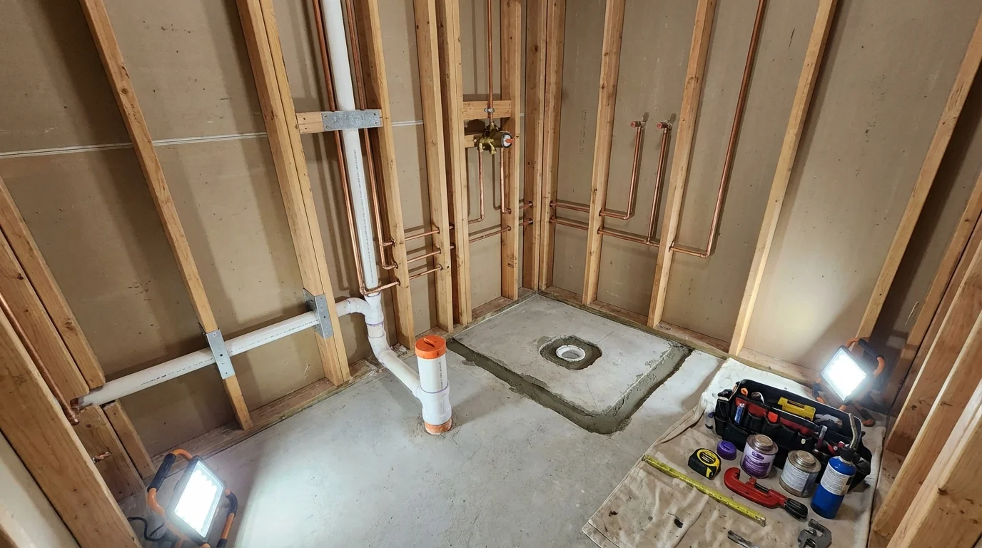Bathroom rough-in plumbing during remodel by Johns Plumbing LLC in Plantersville