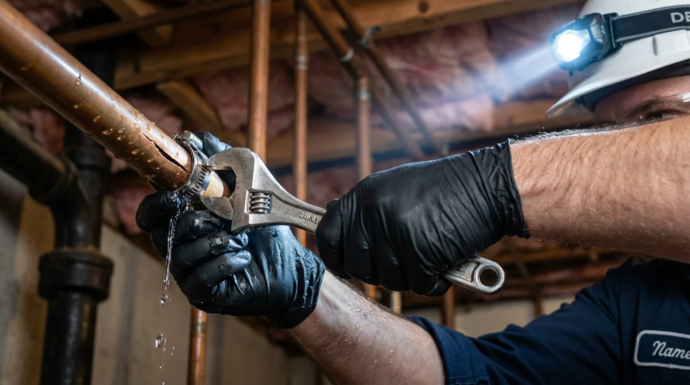 Emergency pipe clamp repair being performed by a Johns Plumbing LLC plumber in Plantersville