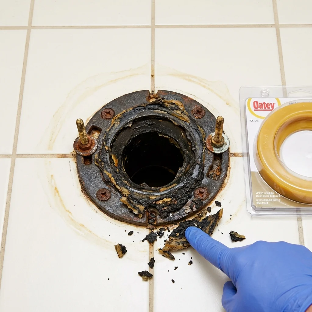 Failed wax ring showing water seepage at the base of a toilet in a Plantersville, MS home
