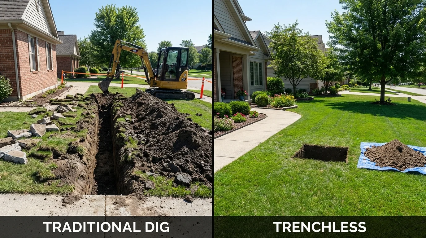 Trenchless sewer repair with minimal yard damage versus traditional excavation in Plantersville, MS