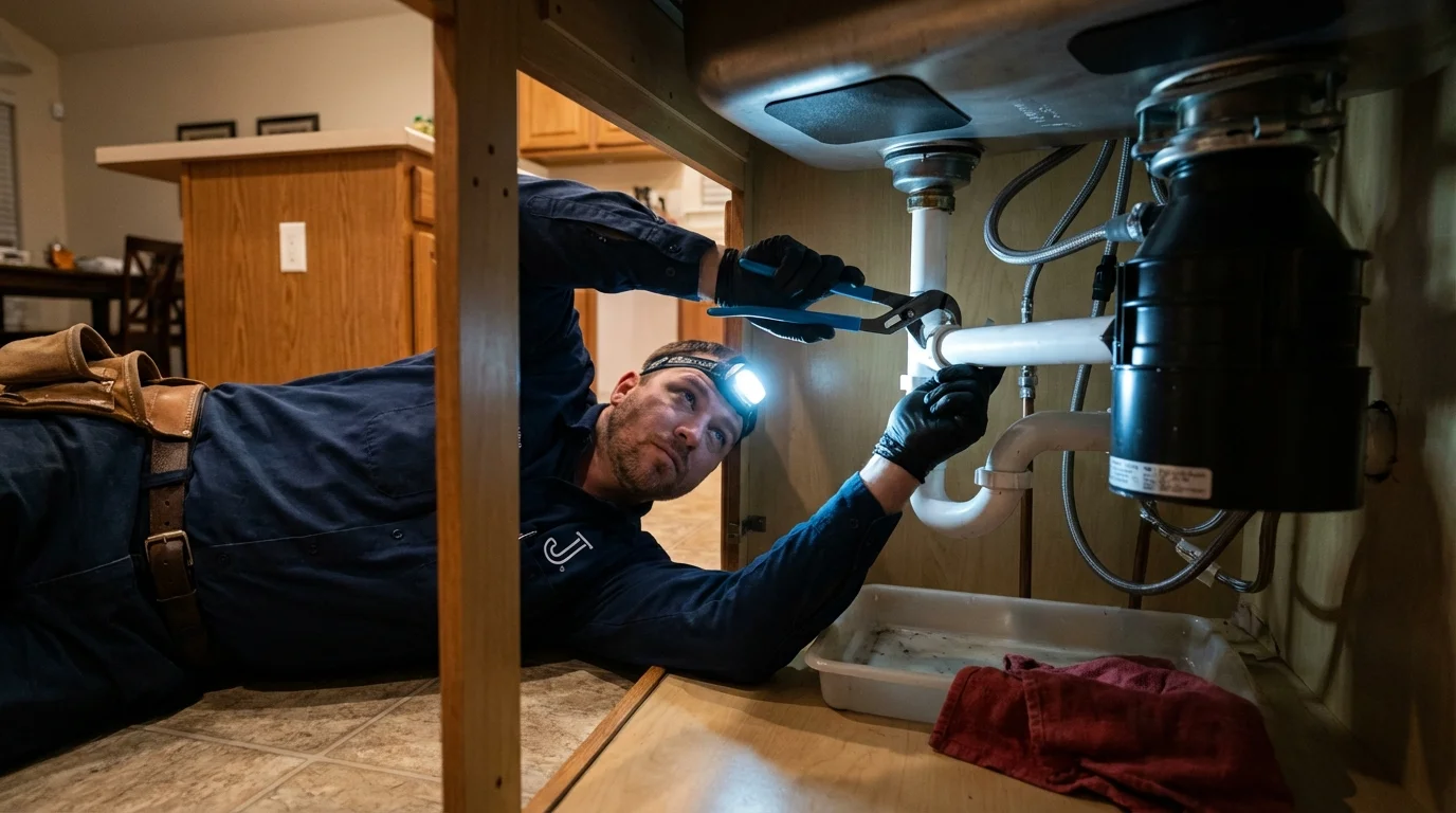 P-trap and supply line connections under a kitchen sink showing a common leak point in Plantersville, MS